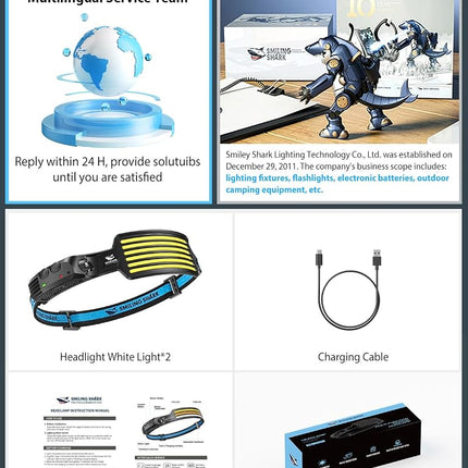 Smiling Shark Rechargeable Headlamp, 230°Wide Angle 6*White Light the Brightest LED Head Lamp with Motion Sensor Waterproof Headlight for Camping Hiking Outdoor, Head-Lamp-LED-Frontale-Rechargeable