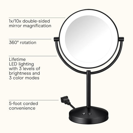 Conair Lighted Makeup Mirror, Double-Sided LED Vanity Mirror with 1X/10X Magnification, 3 Light Settings, 3 Modes, 360� Rotation, Matte Black Finish