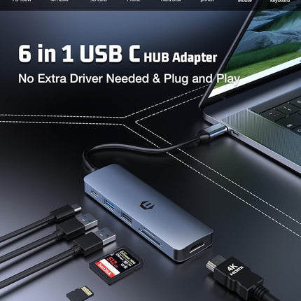 Tymyp USB C HUB, 6 in 1 USB Adapter, 4K HDMI, 100W PD, USB 3.0, Dual USB 2.0 Ports, and SD/TF Card Reader, Compatible with Mac Pro/Air, iPad Pro, iMac, and More