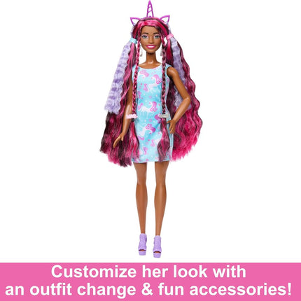Barbie Doll, Fun & Fancy Hair with Extra-Long Colorful Black Hair and Shimmery Pink Dress, 10 Hair and Fashion Play Accessories, JDC86