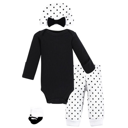 Hudson Baby Unisex Thermal Preemie Layette Set 4pc Long Sleeve Outfit, Black White Dots, Preemie