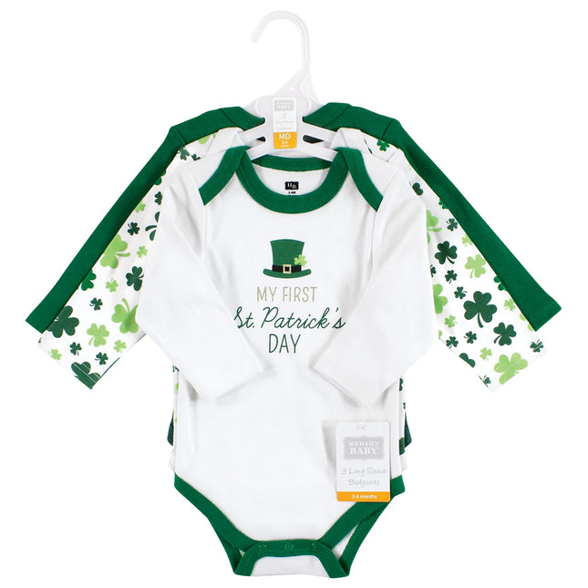 Hudson Baby unisex-baby Cotton Long-sleeve Bodysuits, Lucky Charm, 6-9 Months