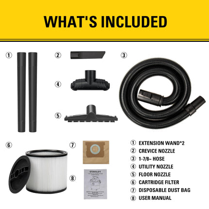 Stanley Wet/Dry Hanging Vacuum, 4.5 Gallon, 4 Horsepower, Stainless Steel Tank
