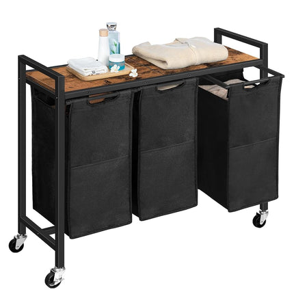 HOOBRO Laundry Sorter 3 Section,Rolling Laundry Hamper with Wheels, 3 × 11.5 Gal (43.5 L), Pull-Out and Removable Oxford Fabric Laundry Bags, Rustic Brown and Black BF76XY01