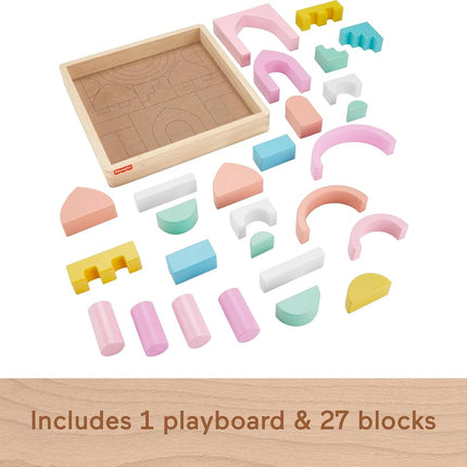 Fisher-Price Wood Toddler Toy Castle Block Set, 28 Wooden Pieces for Stacking Developmental Play Preschool Kids Ages 2+ Years
