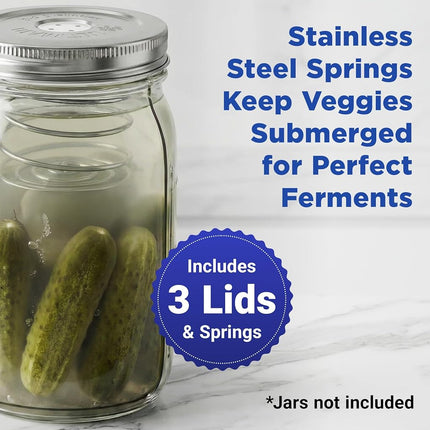 Ultimate Fermentation Kit to Make Probiotic Vegetables: Sauerkraut, Kimchi, Pickles w/FREE Digital Guide, 3 Fermenting Springs & Venting Lids for Easy Pickling in Wide Mouth Mason Jars (Not Included)