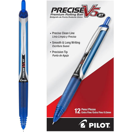 Pilot Precise V5 RT Refillable & Retractable Liquid Ink Rolling Ball Pens, Extra Fine Point (0.5mm) Blue Ink, 12-Pack (26063)