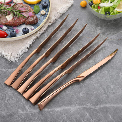 Lemeya 6 Pieces Steak Knife Set of 6, Standing Steak Knives,Mirror Polished,Dishwasher Safe (Rose Gold)