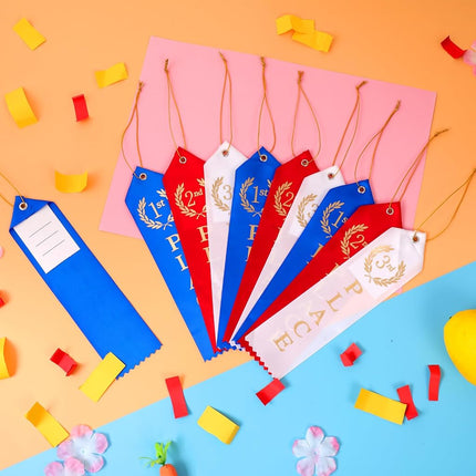90PCS Award Ribbons, Medal Ribbons for 1st, 2nd, 3rd Place, Event Card & Rope Included, Perfect for Competitions, Sports Events, School Challenges, Vibrant Blue, Red, and White