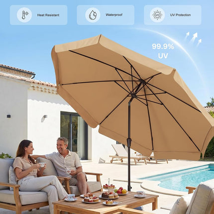 ABCCANOPY 9ft Scalloped Patio Umbrella, Outdoor Table Umbrella with Tilt and Crank, Fiberglass Ribs Deck Umbrella for Patio, Pool, Garden, Picnic (Tan)
