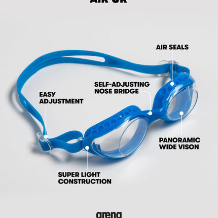 ARENA Unisex Kids Junior Air Mirror Swim Goggles for Swimming Ages 6 to 12 Air Seals Anti-Fog Coated Lens Adjustable Strap, Silver/Navy/Water