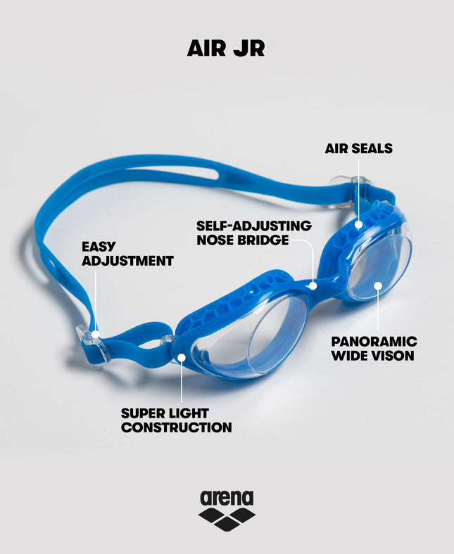 ARENA Unisex Kids Junior Air Mirror Swim Goggles for Swimming Ages 6 to 12 Air Seals Anti-Fog Coated Lens Adjustable Strap, Silver/Navy/Water