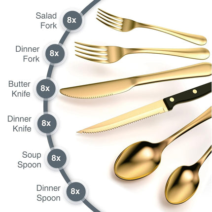 Tribal Cooking 49 Piece Gold Silverware Set - Service for 8 - Stainless Steel Gold Flatware Serving Set - Cutlery Set - Knives, Fork, and Spoon - Dishwasher Safe - Stunning Polished Finish