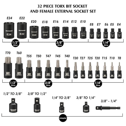 MIXPOWER 32PCS Torx Bit Socket Set, 14 Star Bits (T8-T70)& 13 E-Torx Sockets (E4-E24), CR-V & S2 Alloy Steel