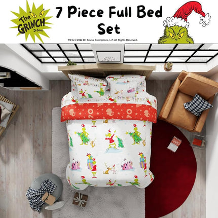 Housse de couette et parure de draps Franco avec taie, microfibre, Grinch-Blanc + Rouge, 7 pièces Grand lit