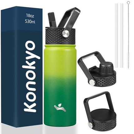 Konokyo Insulated Water Bottle with Straw,18oz 3 Lids Metal Bottles Stainless Steel Water Flask,Bamboo Grove