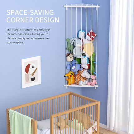 Befayoo Corner Stuffed Animal Storage Toy Organizer - Kids Room Stuffed Animal Holder Length Adjustable Plushie Toys Shelf - Large Corner Plush Toys Storage for Nursery Playroom Bedroom (White)