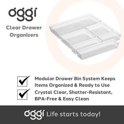 OGGI Clear Drawer Organizer - 6" X 9" (Set of 6) - Ideal for Organizing Kitchen Drawers, Office, Desk, Silverware, Kitchen Utensils, Cosmetics and Bathrooms