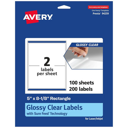 Avery Glossy Clear Rectangle Labels with Sure Feed, 5" x 8-1/8", 200 Glossy Clear Labels, Laser/Inkjet Printable Labels