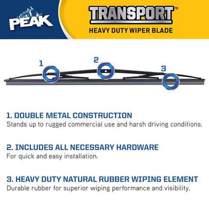 PEAK Transport 26" Heavy Duty Wide Saddle Windshield Wiper Blade, Durable Metal Wiper Blade Replacement for Trucks, RV's and Buses