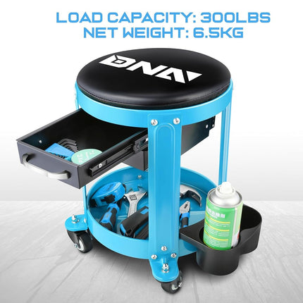 DNA MOTORING Round Mechanics Roller Seat Creeper Stool with Padded Cushion, Tool Storage Drawer & Tray, 300 Lbs Max Weight Capacity, Blue, TOOLS-00492