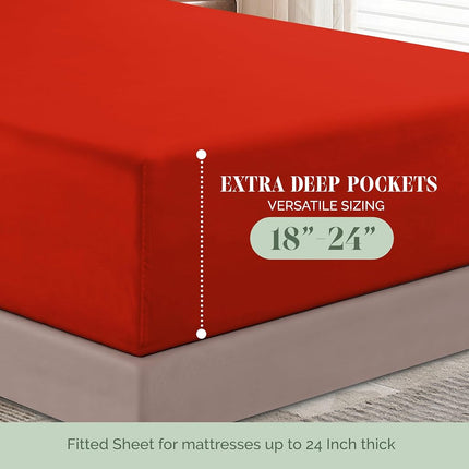 Elegant Comfort 1500 Premium Quality 6-Piece Bed Sheet Set - 18-24 Inch Extra Deep Pocket, Smart Storage Pockets, Wrinkle Free Ultra Soft 6PC Extra Deep Pocket Sheets, Queen, Red