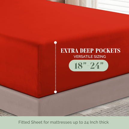 Elegant Comfort 1500 Premium Quality 6-Piece Bed Sheet Set - 18-24 Inch Extra Deep Pocket, Smart Storage Pockets, Wrinkle Free Ultra Soft 6PC Extra Deep Pocket Sheets, Queen, Red