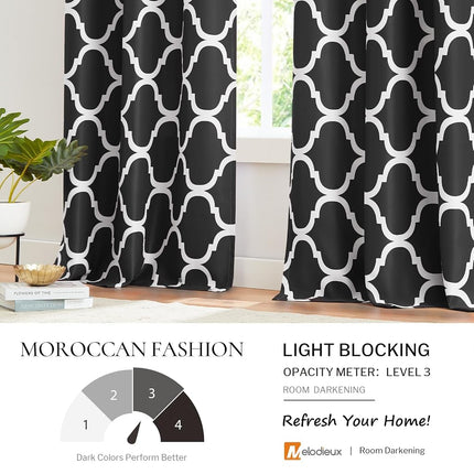 Melodieux Moroccan Fashion Thermal Insulated Room Darkening Blackout Grommet Curtains for Living Room, 42 by 96 Inch, Black (2 Panels)