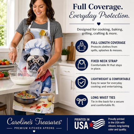 Caroline's Treasures Pug The Chef Apron Cooking Kitchen Server Baking Crafts Gardening for Adult Women Men, Unisex, Large, Multicolor
