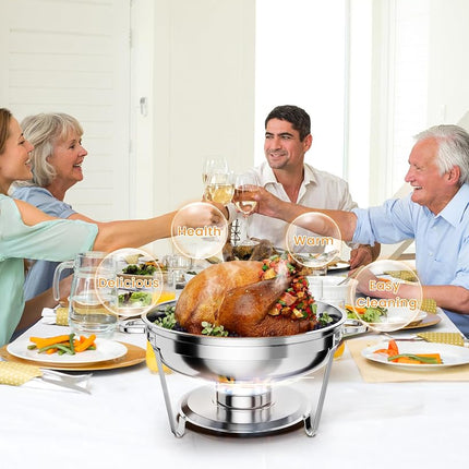 Plat de service pour buffet, service de buffet rond de 5 pintes avec support de couvercle, chafers et chauffe-plats en acier inoxydable avec cuillère et pinces pour les fêtes, les mariages (argent, lot de 2)