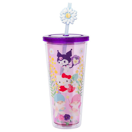 Silver Buffalo Sanrio Hk and Friends Floral Collage Plastic Cold Cup with Lid and Topper Straw, 24 Ounces