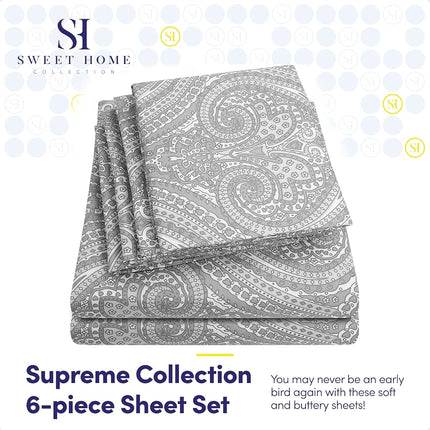 Sweet Home Collection Full Size Bed Sheets - 6 Piece 1500 Supreme Collection Fine Brushed Microfiber Deep Pocket Full Sheet Set Bedding - 2 Extra Pillow Cases, Paisley Gray