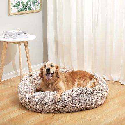 Bedfolks Calming Donut Dog Bed, 91CM Round Fluffy Dog Beds for Large Dogs, Anti-Anxiety Plush Dog Bed, Machine Washable Pet Bed (Brown, Large)