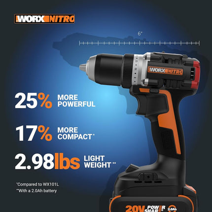 Worx WX130L 20V Nitro Compact Brushless 1/2” Drill/Driver with Power Share - (Batteries & Charger Included)