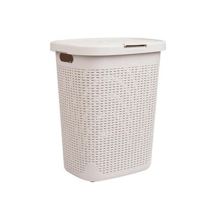 Mind Reader Lid, Wicker Design, Plastic, 17.65" L x 13.75" W x 21" H, Ivory 50 Liter Hamper, Single