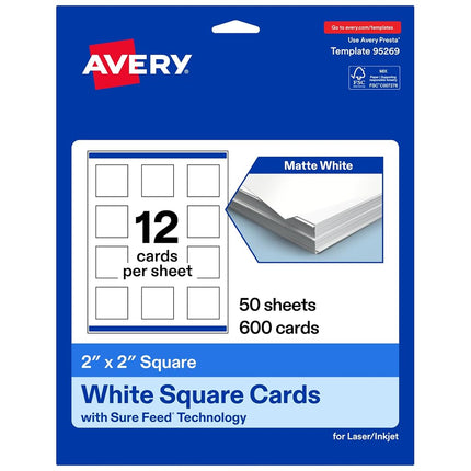Avery Printable Square Cards with Sure Feed Technology, 2" x 2", Matte White Cardstock, Print-to-the-Edge, Laser/Inkjet Cards, 600 Total