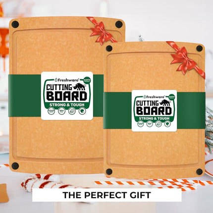 Freshware Wood Cutting Boards for Kitchen, Juice Groove, Non-Slip Silicone Feet, Dishwasher Safe, Medium 12" x 9" and Large, 15" x 11.25", Set of 2, Natural