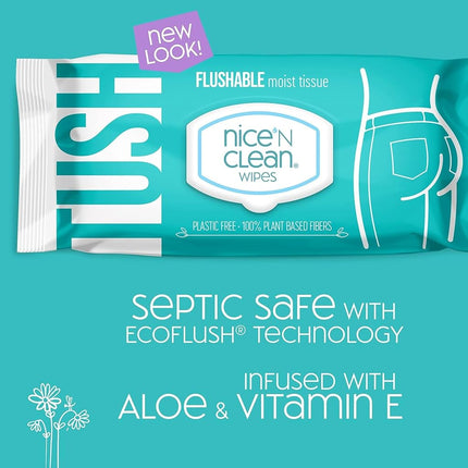 Nice 'N Clean Moist Flushable Wipes | Infused Aloe & Vitamin E | 42 Wipes (Pack of 8), White