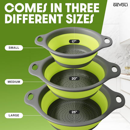 Gevoli Collapsible Colanders (3 Pack Set) Food Strainers with Over-Sink Water Draining Base for Pasta Fruits and Vegetables, White/Beige (3 Sizes, 3QT, 4QT and 5 Quart)