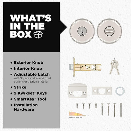 Kwikset Maven Entry Door Knob with Lock and Key, Secure Keyed Handle Exterior, Front Entrance and Bedroom, Satin Nickel, Pick Resistant SmartKey Rekey Security and Microban