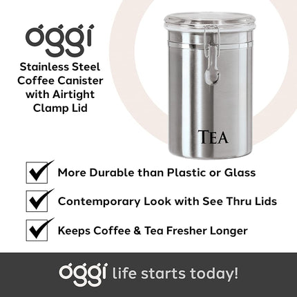 Oggi Stainless Steel Tea Canister 62 fl oz - Airtight Clamp Lid, Clear See-Thru Top - Ideal for Tea Bag Storage, Loose Tea Storage, Kitchen Storage, Pantry Storage. Large Size 5" x 7.5".