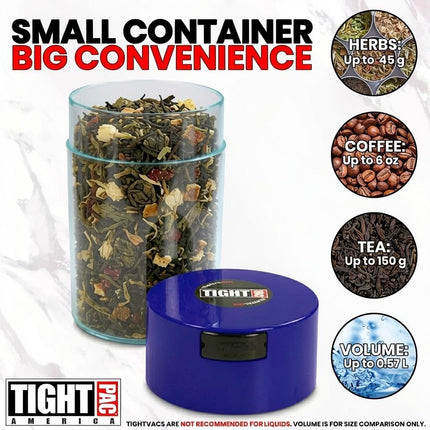 TIGHTVAC - 1 oz to 6 ounce Vacuum Sealed Storage Container - Dark Blue Cap & Clear Body
