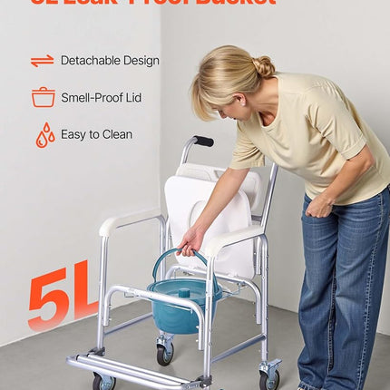 VEVOR Bedside Commode Chair with Wheels, 159 kg Capacity, 4-in-1 Portable Toilet and Raised Toilet Seat with Padded Seat/Backrest/Flip-up Footrest, Detachable 5L Bucket, Shower Wheelchair for Seniors
