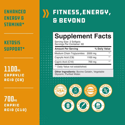 C8 MCT Coconut Oil Softgels - MCT Oil Keto Pills with Caprylic Acid Coconut Oil for Body Sculpting Sustainable Energy Support and Brain Health - Potent Non GMO Gluten Free Keto MCT Oil Softgels