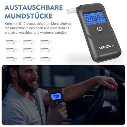 VPOW Breathalyzer, Alcohol Breathalyzer to Test Alcohol with Digital Blue LCD Display, Grade Accuracy Personal Breathalyzers Alcohol Tester for Personal Home Professional Use - Gray
