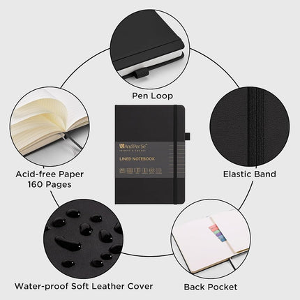 &And Per Se Lined Notebooks, 3 Pack, A5 Hardcover Journals, 160 Page Thick Paper, 100 GSM, Notebook for Office, School (Black)