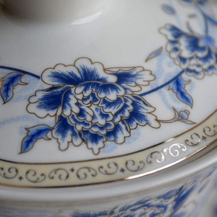 Chinese Porcelain Teacups 10oz Gaiwan Flower Tureen Tradition Sancai Cover Bowl Lip Cup Saucer Tea Set Loose Tea Blooming (Blue Silk Peony)