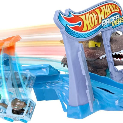 Hot Wheels Toy Car Track Set, RacerVerse Jurassic World Crash & Splash Playset with Die-Cast Velociraptor Vehicle, Dinosaur Race with Spinosaurus