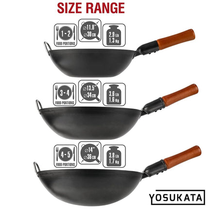 YOSUKATA 34 cm Pre-Seasoned Flat Bottom Black Carbon Steel Wok for Stir Fry