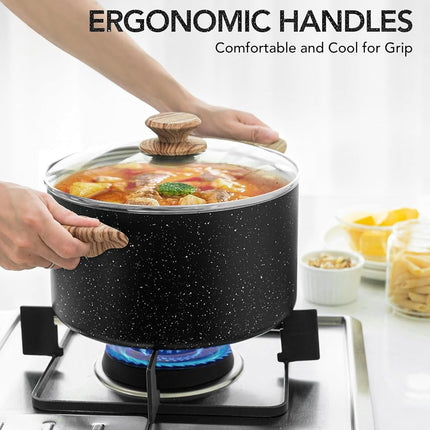 MICHELANGELO Stock Pot with Lid, 4.3 Quart Cooking Pot Nonstick Soup Pot with Lid, Granite Nonstick Pot Induction Compatible, Non Stick Pot for Cooking with Stay-Cool Handles Black